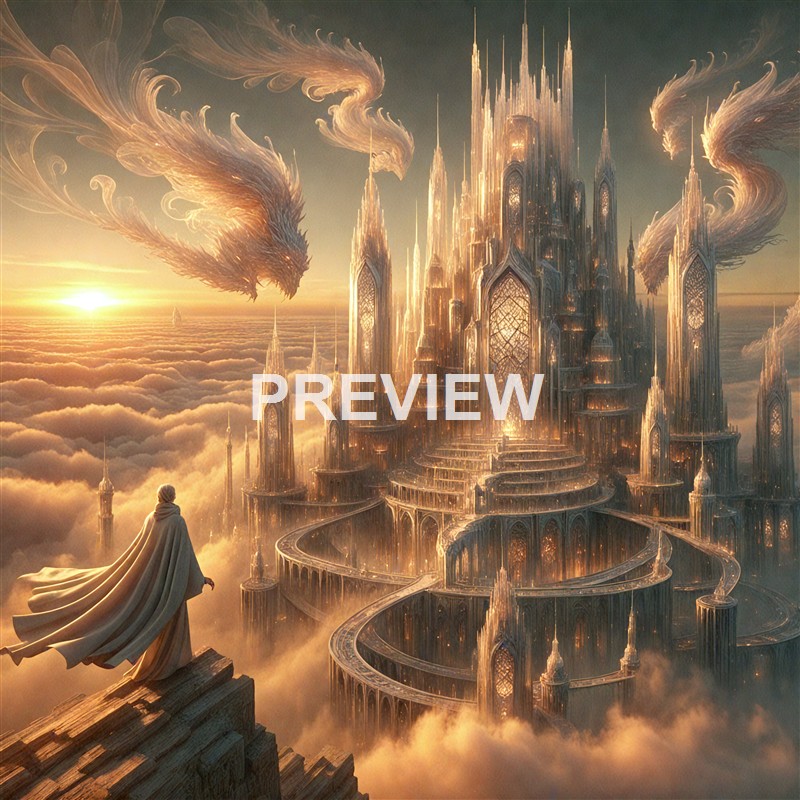 A person standing on a stone platform gazes at an elaborate, luminous castle floating among clouds with dragon-like creatures swirling around it in a fantasy setting.